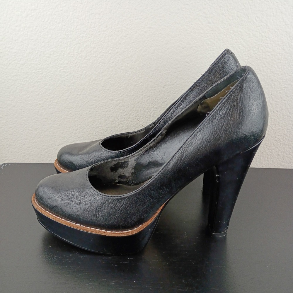 Nine West Womens Black Leather Platform Pumps Round Toe Block Heel Size 7.5M - Picture 3 of 11